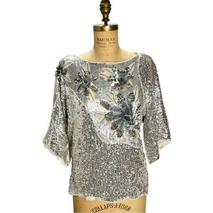 Vintage Blouse Creative Creations Art Deco Silk Sequin Top Medium